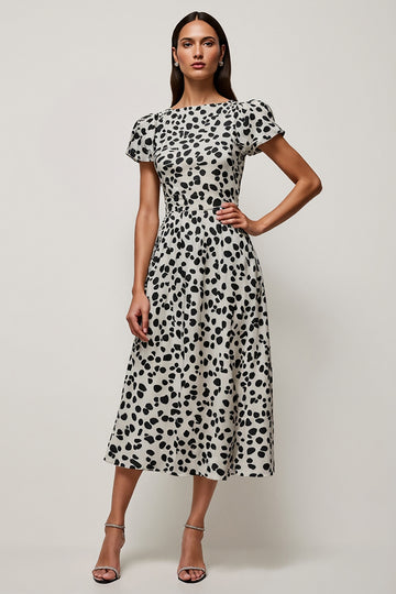 White Printed A Line Round Neck Midi Dress